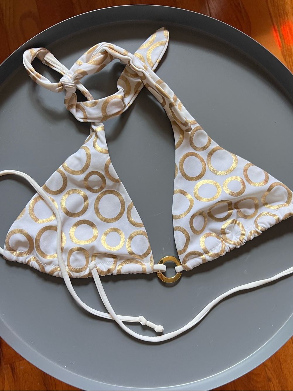 Victoria's Secret White and Gold Ring-Accent Triangle Bikini Top